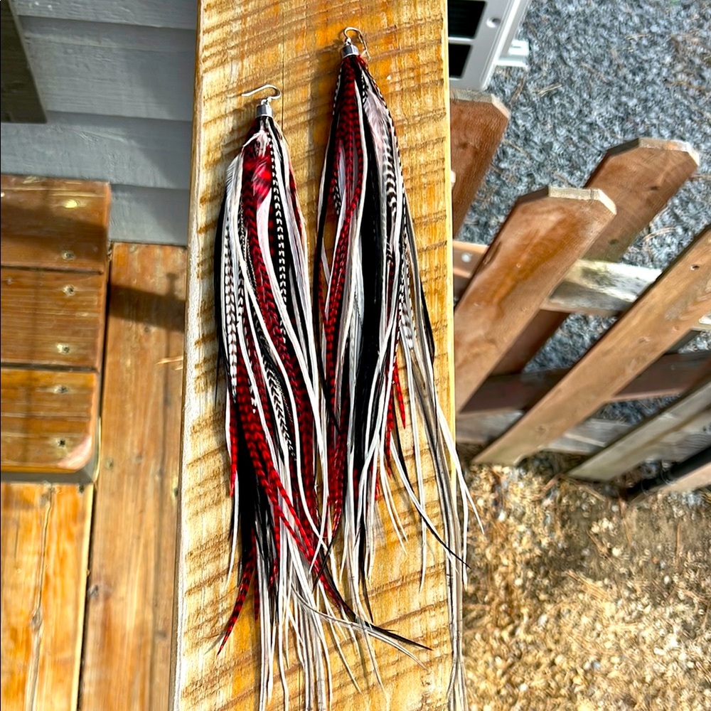 Custom Long Pheasant Feather Earrings in Red, Black, cream 13” Bohemian Festival
